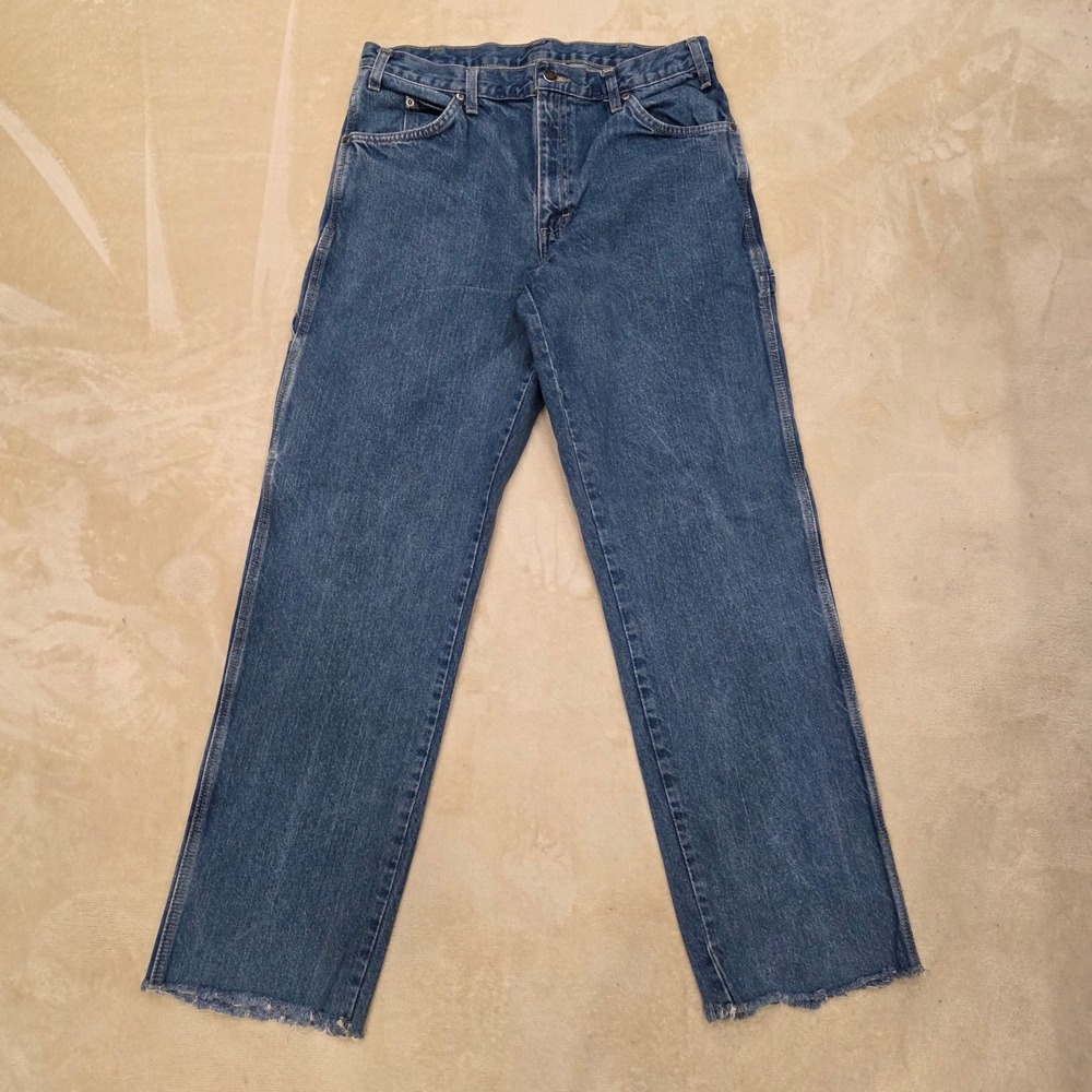 Dickies Mens Carpenter Jeans 33x32 Medium Wash Blue Denim Work Pants Raw Hem